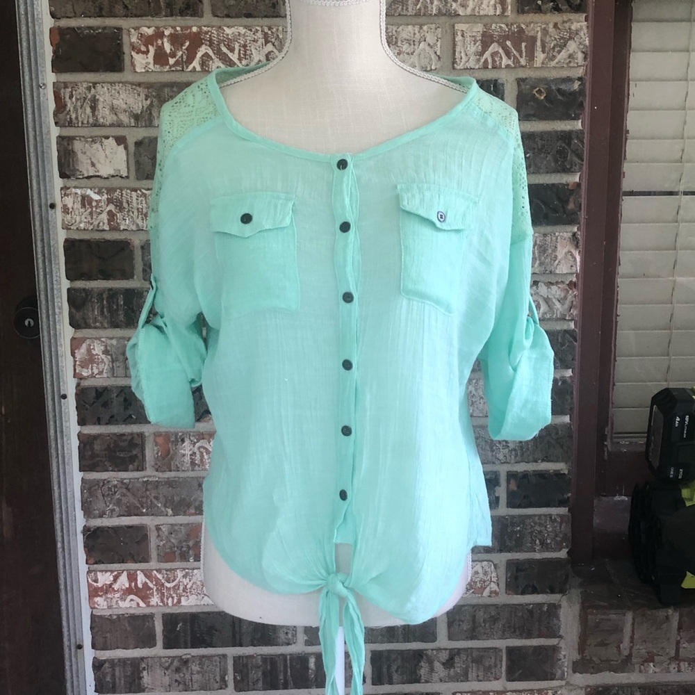 Live and Let Live Light Green Button-Up Blouse waist tie